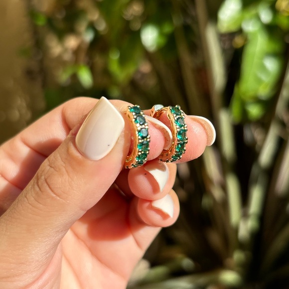 Jewelry - 18K Gold Plated Emerald Green Diamond Small Hoop Earrings
